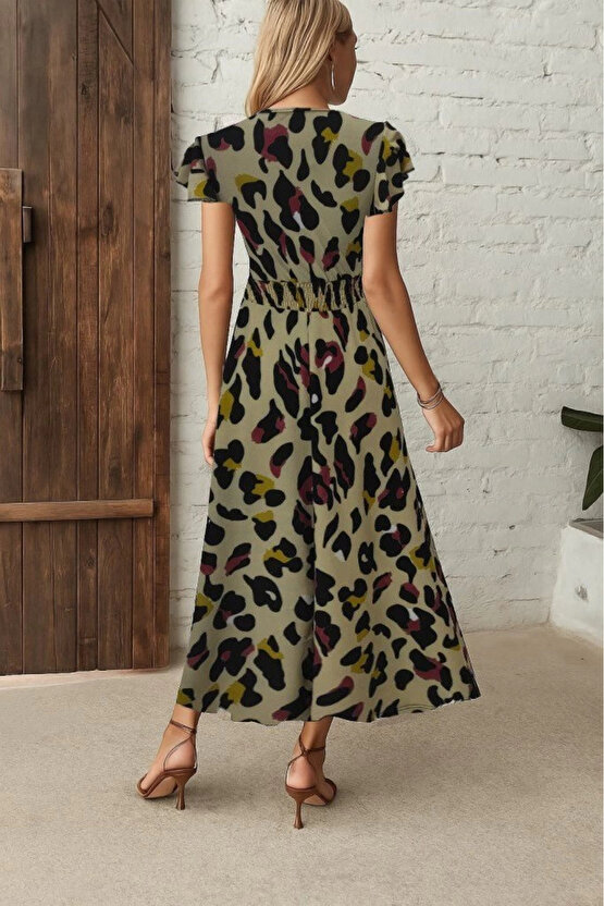 Kadın Kısa Kollu V Yakalı Desenli Yandan Yırtmaçlı Süprem Elbise