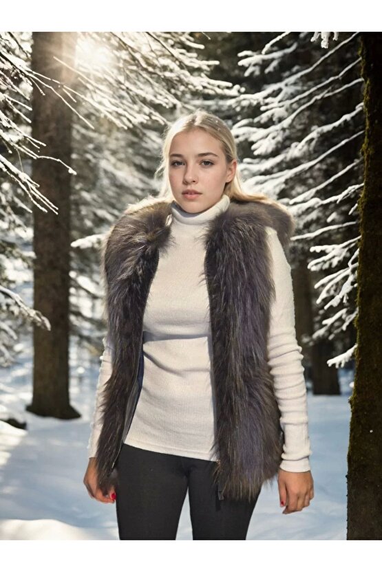 Kadın Kolsuz Fermuarlı Yelek - Siyah