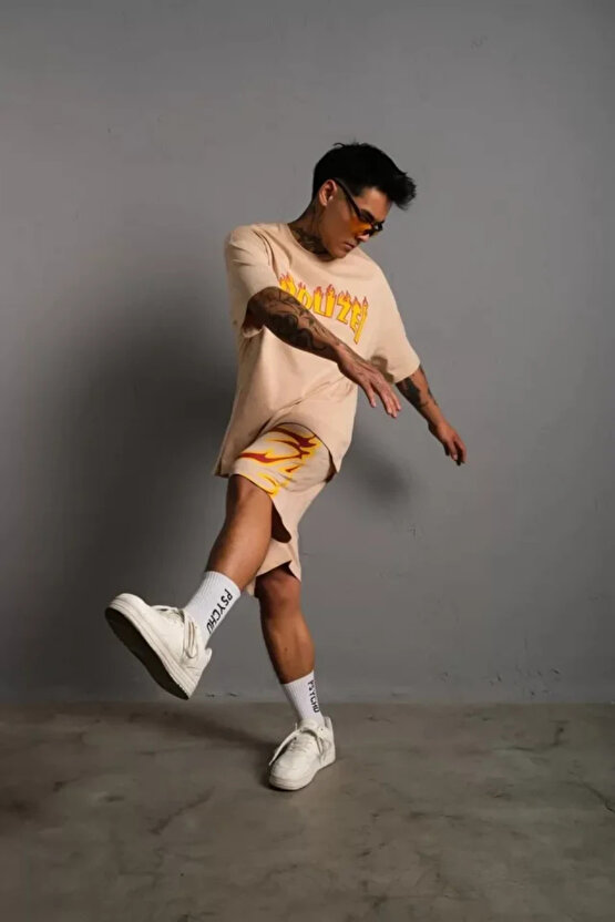 MDB Erkek Alev Baskılı İkili Şortlu Takım Bej