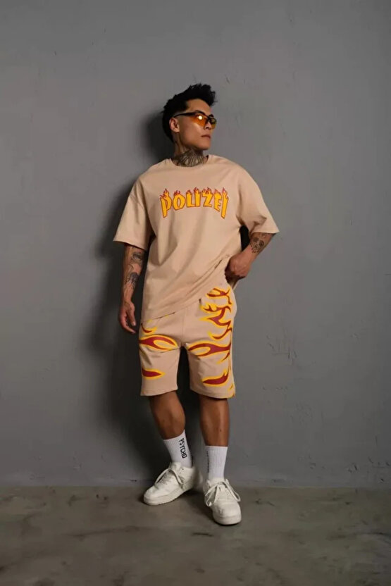 MDB Erkek Alev Baskılı İkili Şortlu Takım Bej