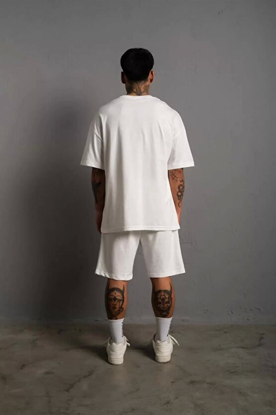 Erkek Alev Baskılı İkili Şortlu Takım - Beyaz