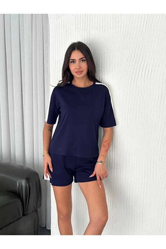 Osy Modal yumuşak dokulu Kumaş Kadın Parçalı Bisiklet Yaka T-shirt Kısa Şort İkili Takım - Mavi