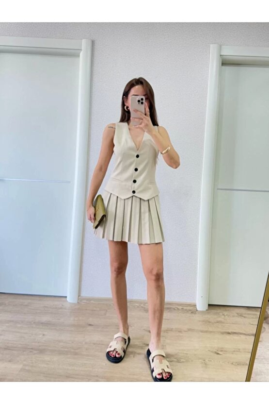 Keten Takım Görünümlü Düğme Detaylı Yelekli Mini Elbise - Bej