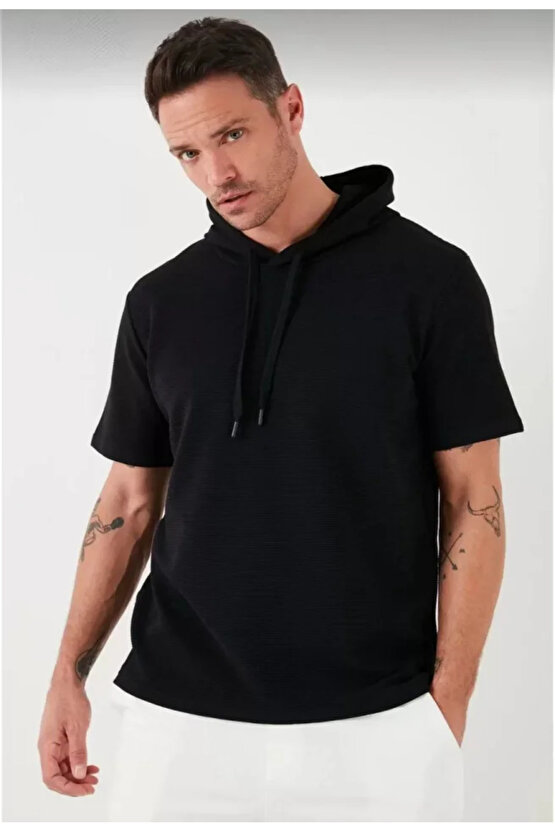 eyesof Unisex Kapşonlu Kısa Kol Düz Oversize T-shirt - Siyah