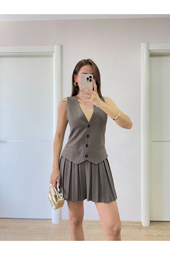 Keten Takım Görünümlü Düğme Detaylı Yelekli Mini Elbise - Bordo