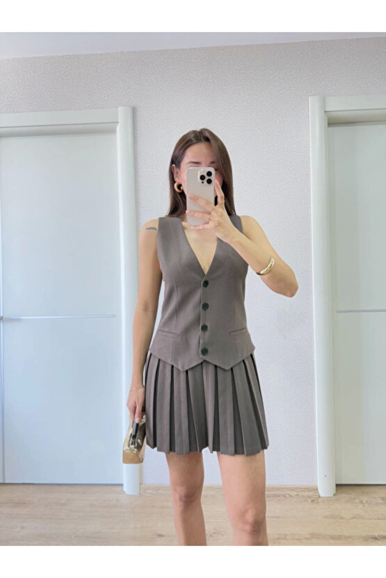 Keten Takım Görünümlü Düğme Detaylı Yelekli Mini Elbise - Bordo