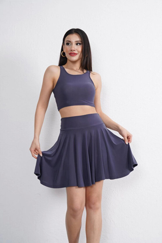 Sendy Kumaş Bisiklet Yaka Crop Şortlu Etek Ikili Takım - Antrasit