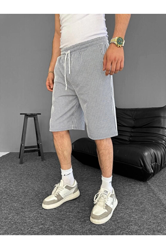 MDB u Yolu Çizgili Cepli Şort Gri