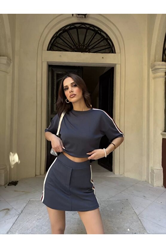 Osy Modal yumuşak dokulu Kumaş Kadın Parçalı Bisiklet Yaka T-shirt Mini Şortlu Etek İkili Takım - Fü