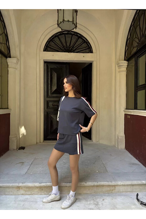 Osy Modal yumuşak dokulu Kumaş Kadın Parçalı Bisiklet Yaka T-shirt Mini Şortlu Etek İkili Takım - Fü