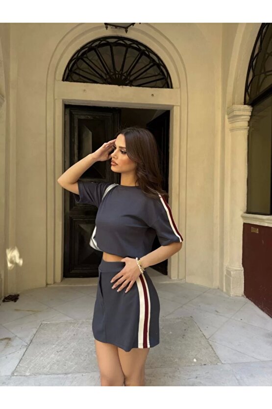 Osy Modal yumuşak dokulu Kumaş Kadın Parçalı Bisiklet Yaka T-shirt Mini Şortlu Etek İkili Takım - Fü