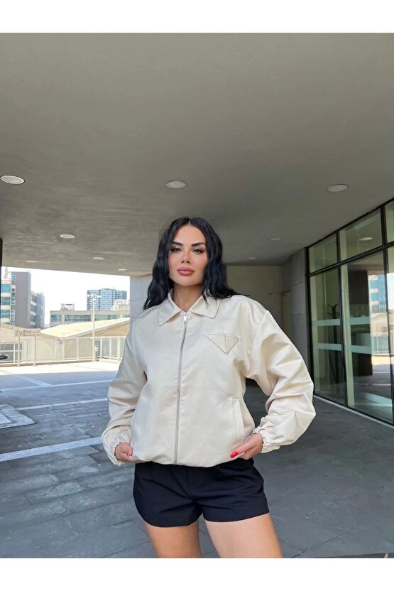 Fermuarlı Gömlek Yaka Bomber Ceket - Beyaz