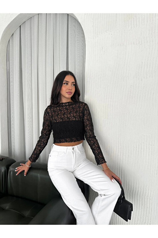 Dantel Uzun Kol Bluz- Siyah