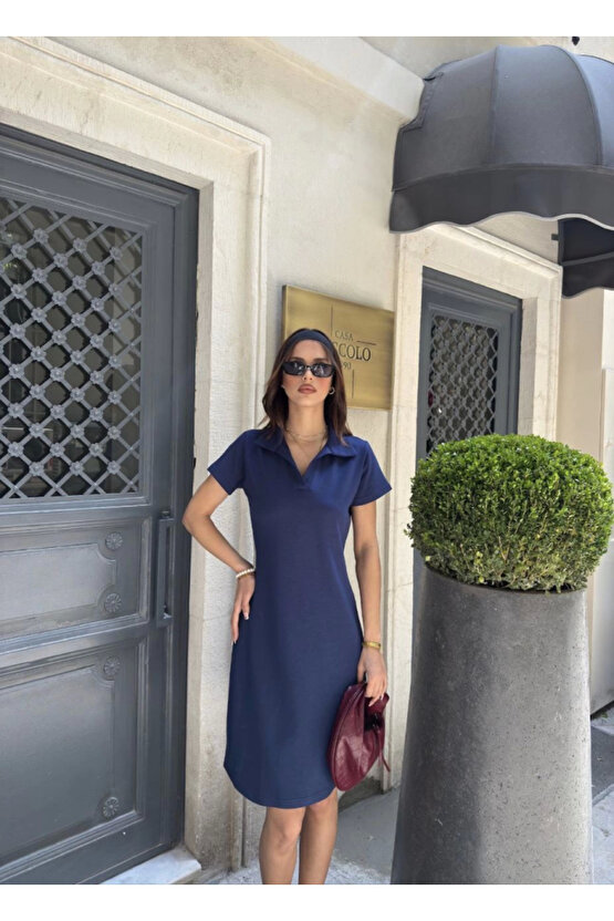 Osy Modal Yumuşak Dokulu Kumaş Yakalı Kısa Kollu Elbise - Mavi