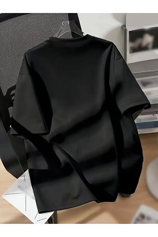 201 Penye Compack Spider Baskılı Oversize Unisex Kısa Kol Yazlık T-shirt - Siyah