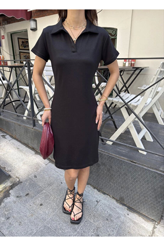 Osy Modal Yumuşak Dokulu Kumaş Yakalı Kısa Kollu Elbise - Siyah