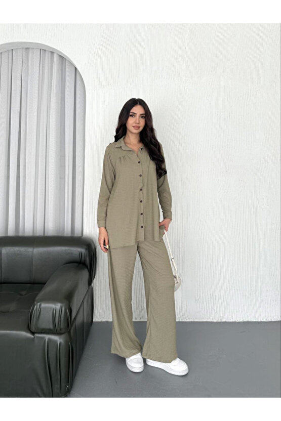 Gökyüzü Moda Yakalı Düğmeli Uzun Kollu Gömlek Pantolon Ikili Takım - Bej