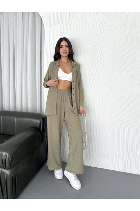 Gökyüzü Moda Yakalı Düğmeli Uzun Kollu Gömlek Pantolon Ikili Takım - Bej