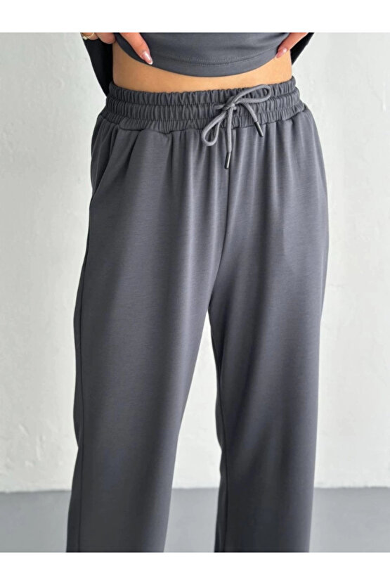 Osy Modal Yumuşak Dokulu Kumaş Kısa Kollu Yakalı T-shirt Pantalon ikili Takım- Antrasit