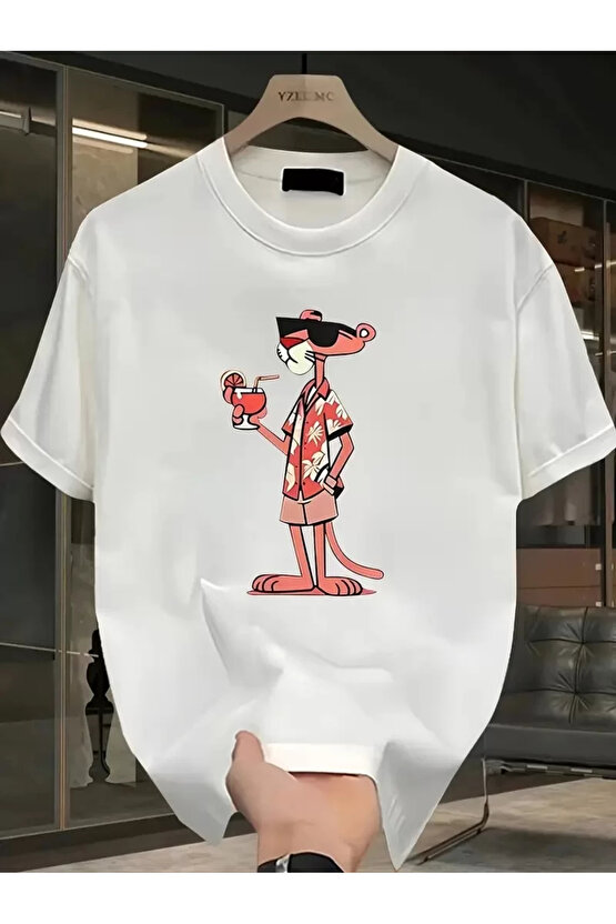 Pembe Panter Baskılı Erkek Oversize Günlük Kısa Kollu Tişört İlkbahar ve Yaz için Mükemmeldir - Beya