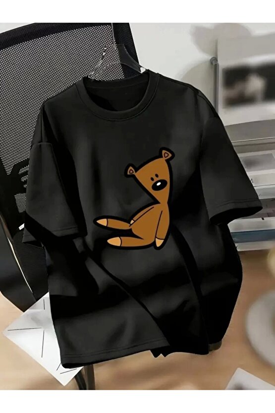 201 Penye Compack Ayı Baskılı Oversize Bisiklet Yaka Kısa Kol T-shirt - Siyah