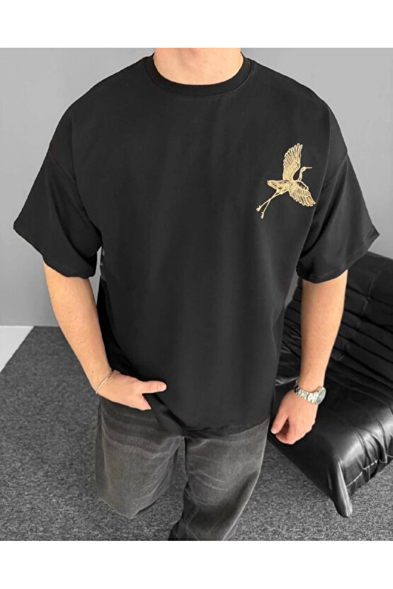 Gökyüzü Moda Ön Ve Arka Baskılı Oversize Bisiklet Yaka T-shirt - Siyah