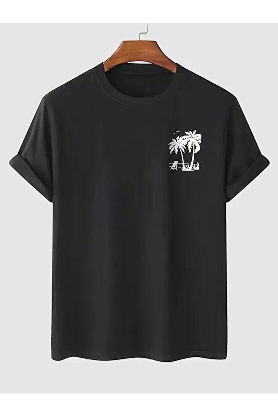 201 Penye Compack Palmiye Ön Baskılı Oversize Bisiklet Yaka Kısa Kol Yazlık T-shirt - Siyah