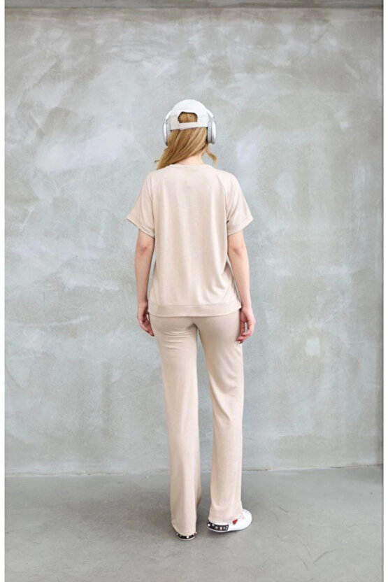 Gökyüzü Moda Osy Modal Yumuşak Dokulu Kumaş Bisiklet Yaka Kısa Kollu Takım - Bej