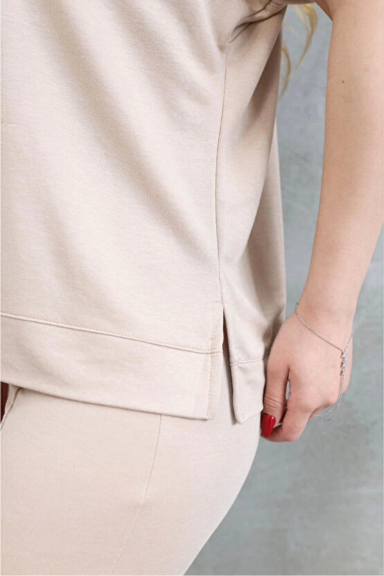 Gökyüzü Moda Osy Modal Yumuşak Dokulu Kumaş Bisiklet Yaka Kısa Kollu Takım - Bej