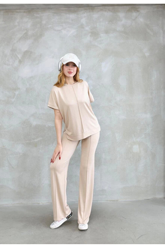 Gökyüzü Moda Osy Modal Yumuşak Dokulu Kumaş Bisiklet Yaka Kısa Kollu Takım - Bej