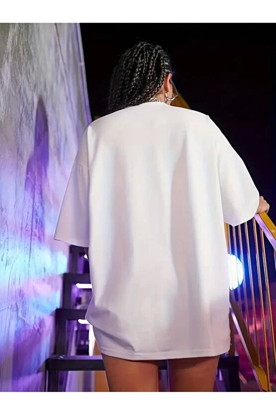 201 Penye Compack Oversize Beyaz Shut Up Kısa Kol Yazlık Tişört - Beyaz