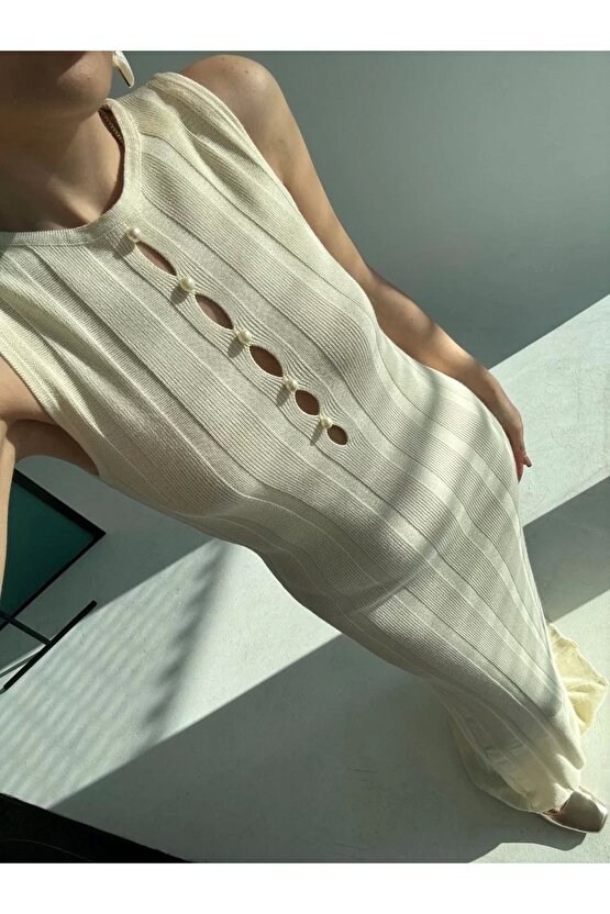 Kalın Fitilli Uzun Triko Elbise - Kırık Beyaz