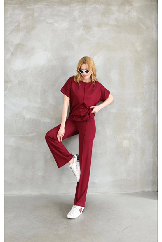 Gökyüzü Moda Osy Modal Yumuşak Dokulu Kumaş Bisiklet Yaka Kısa Kollu Takım - Bordo