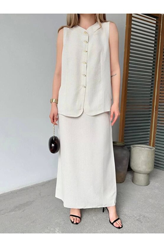 Keten Kolsuz Sıfır Yaka İlik Düğmeli Kolsuz Hırka Etek ikili Takım- Beyaz