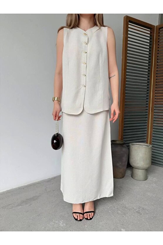 Keten Kolsuz Sıfır Yaka İlik Düğmeli Kolsuz Hırka Etek ikili Takım- Beyaz