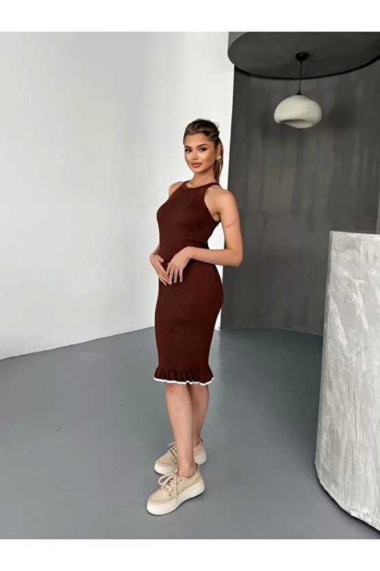 Fırfır Detaylı Triko Elbise- Kahverengi