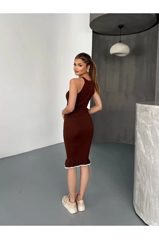 Fırfır Detaylı Triko Elbise- Kahverengi
