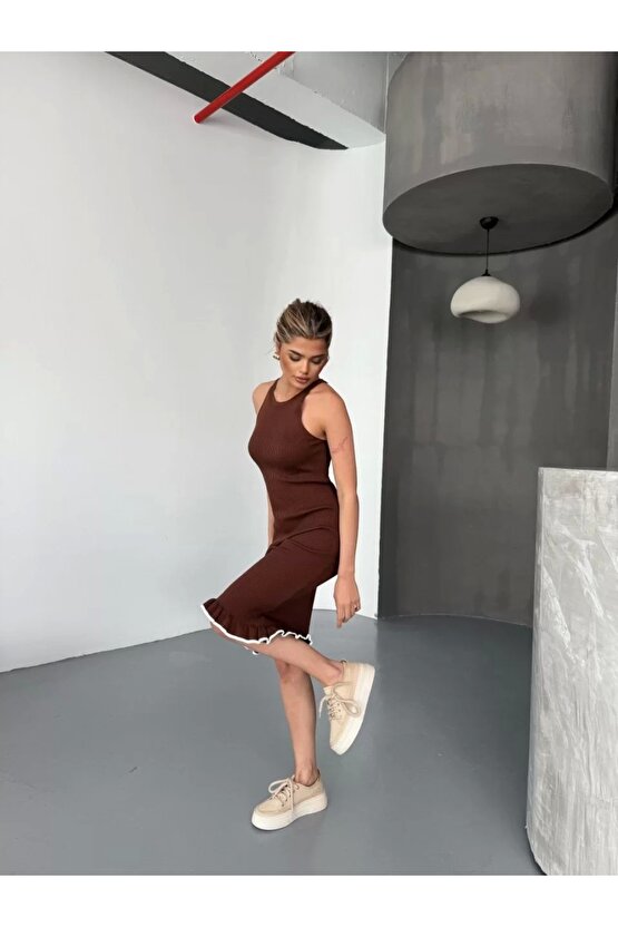 Fırfır Detaylı Triko Elbise- Kahverengi