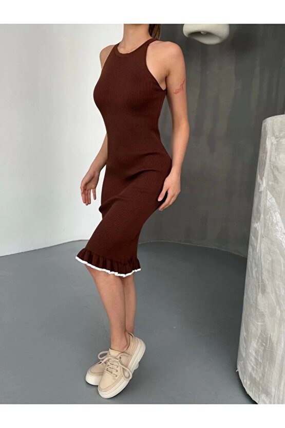 Fırfır Detaylı Triko Elbise- Kahverengi