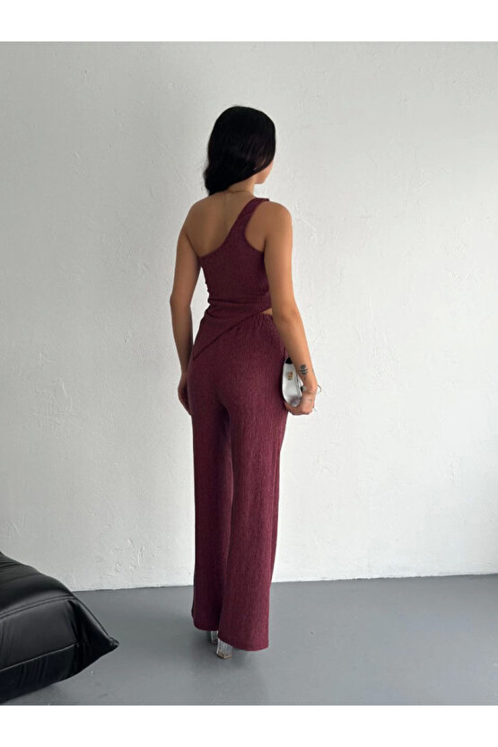 Asimetrik Crop Pantalon ikili Takım - Gül Kurusu