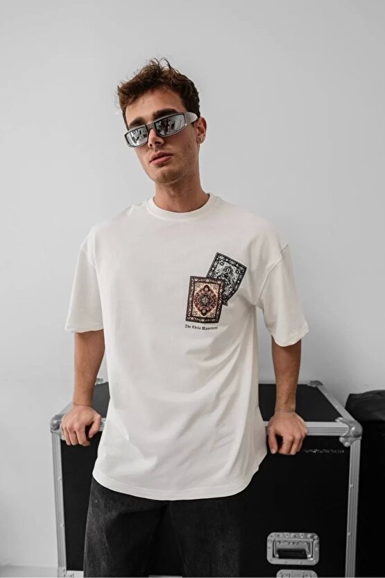 Erkek Baskılı Oversize T-shirt - Beyaz
