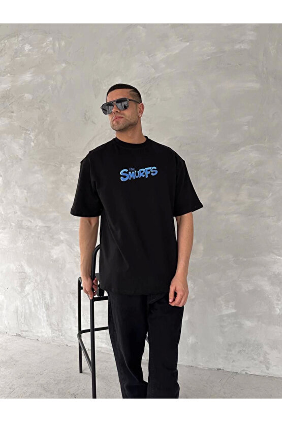 eyesof Ön Ve Arka Baskılı Oversize Bisiklet Yaka T-shirt- Siyah