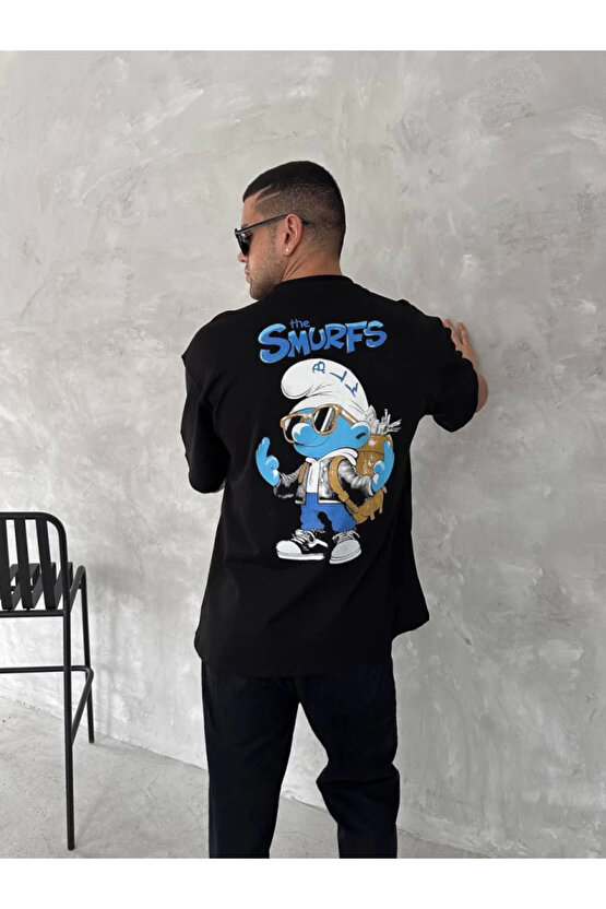 Ön ve Arka Baskılı Oversize Bisiklet Yaka T-shirt- Siyah