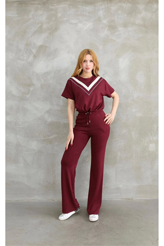 Gökyüzü Osy Modal Yumuşak Dokulu Kumaş Bisiklet Yaka Parçalı Detaylı Kısa Kollu Takım - Bordo