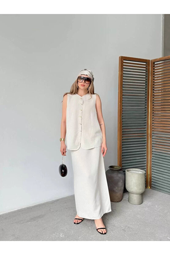 Keten Kolsuz Sıfır Yaka İlik Düğmeli Kolsuz Hırka Etek ikili Takım- Beyaz