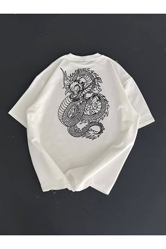 Baskılı Oversize Bisiklet Yaka T-shirt - Beyaz