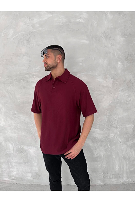 Yakalı Patlı Kısa Kol T-shirt - Bordo