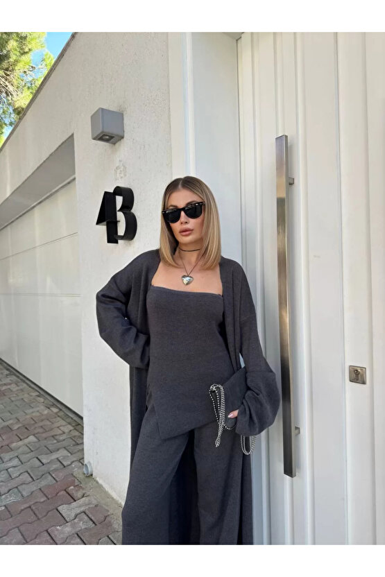 Kadın Triko Üçlü Takım - Füme