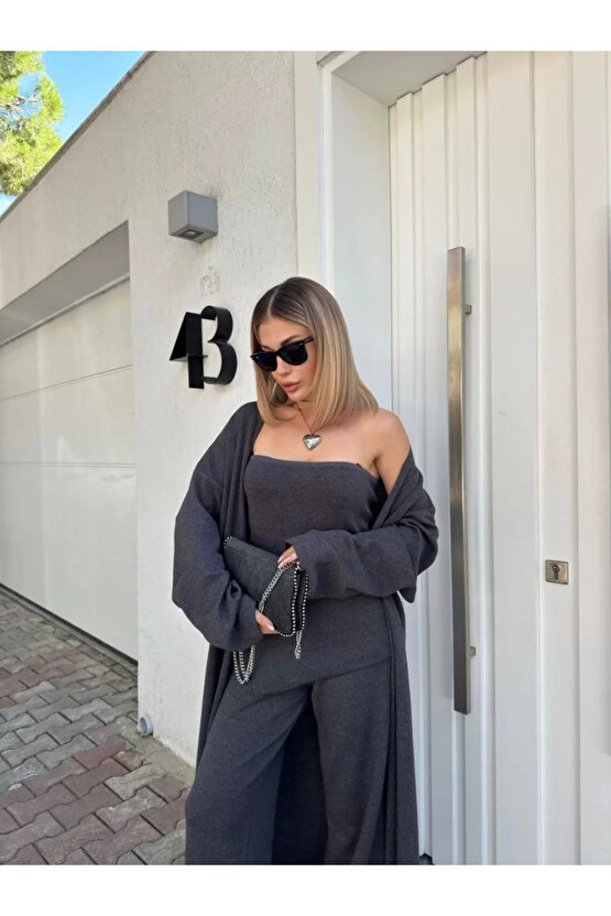 Kadın Triko Üçlü Takım - Füme