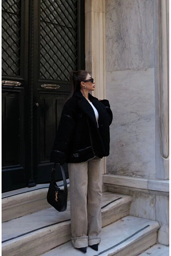 Cıt Cıt Detaylı Peluş Mont Ceket - Siyah